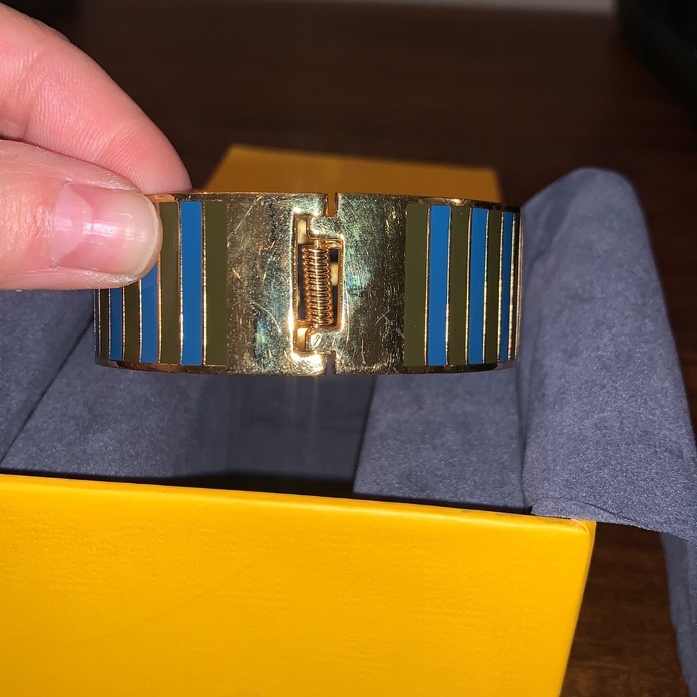 Fendi Gold and Blue Striped Hinged Cuff Bracelet - Picture 4 of 8